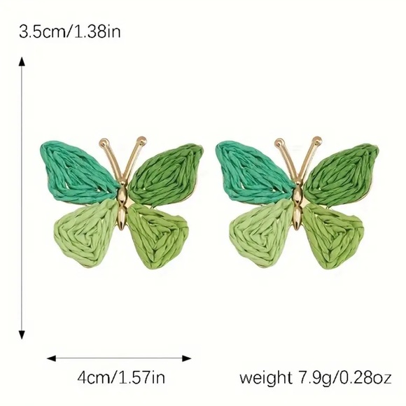 Green Butterfly Raffia Stud Earrings - Picture 2 of 2